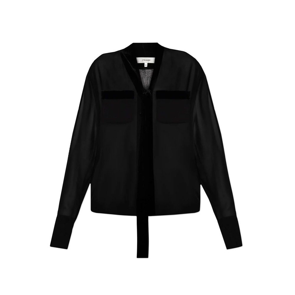 Frame Velvet Trim Modern Tie Blouse Black Sheer Silk Chiffon Small‎ - Picture 2 of 11